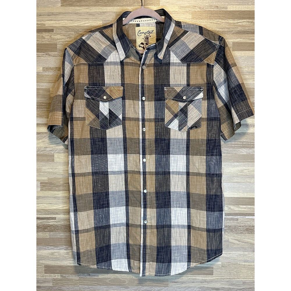 Coastal Mens Blue Brown White Short Sleeve Pearl Snap Button Up Size XL #159